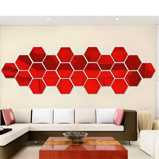 WallDaddy Mirror Stickers For Wall Pack Of 24 Hexagon Red Color Flexible Mirror Size (10x12)Cm Each Hexagon